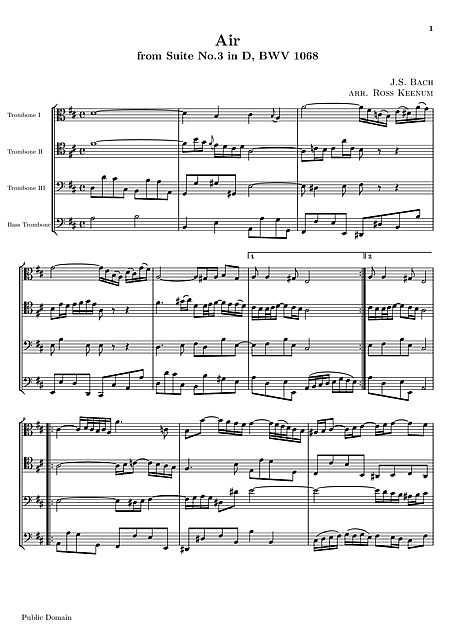 管弦楽組曲 第3番 （Orchestral Suite (Overture) No. 3） G線上のアリア （Air on a G string  (trombone quartet)） - Trombone Quartet - 楽譜 - カントリーアン