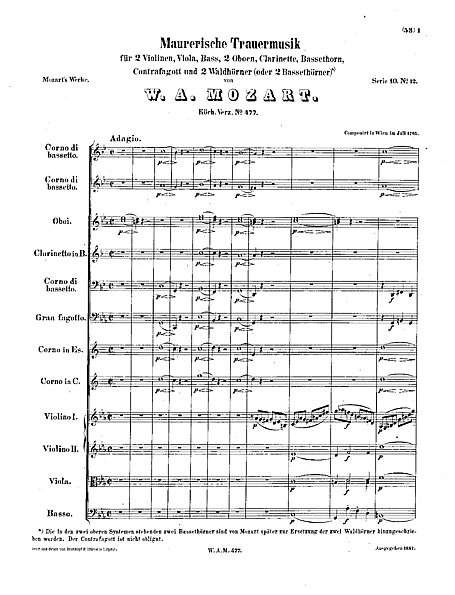 フリーメイソンのための葬送音楽 （Maurerische Trauermusik） - 楽譜 - カントリーアン